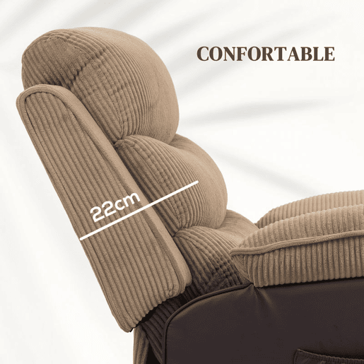 HOMCOM Poltrona Elétrica Reclinável e Elevatória, com Porta USB, Assento Largo 60 cm, Controlo Remoto, Apoio para os Pés, Estofos em Veludo e Couro, Bolsos Laterais, Castanho