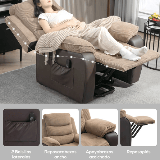 HOMCOM Poltrona Elétrica Reclinável e Elevatória, com Porta USB, Assento Largo 60 cm, Controlo Remoto, Apoio para os Pés, Estofos em Veludo e Couro, Bolsos Laterais, Castanho