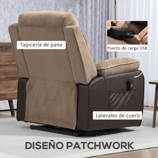 HOMCOM Poltrona Elétrica Reclinável e Elevatória, com Porta USB, Assento Largo 60 cm, Controlo Remoto, Apoio para os Pés, Estofos em Veludo e Couro, Bolsos Laterais, Castanho