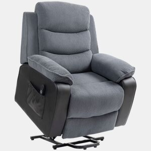 HOMCOM Cadeira Relax Reclinável Elétrica com Elevador, Porta USB, Assento Largo de 60 cm, Controlo Remoto, Apoio para os Pés, Estofada em Veludo e Couro, Bolsos Laterais, Cinzento Escuro