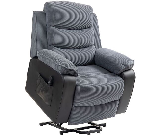 Homcom sillón relax reclinable eléctrico levanta personas mayores, sillón elevador, con puerto usb, asiento ancho 60 cm, control remoto, reposapiés, tapizado en pana y cuero, bolsillos, gris oscuro
