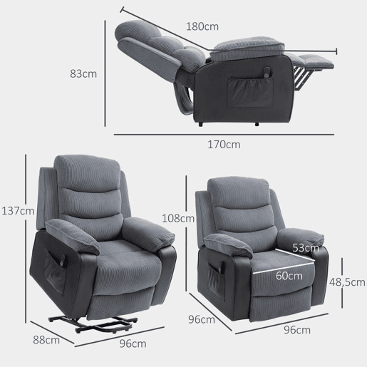 HOMCOM Cadeira Relax Reclinável Elétrica com Elevador, Porta USB, Assento Largo de 60 cm, Controlo Remoto, Apoio para os Pés, Estofada em Veludo e Couro, Bolsos Laterais, Cinzento Escuro