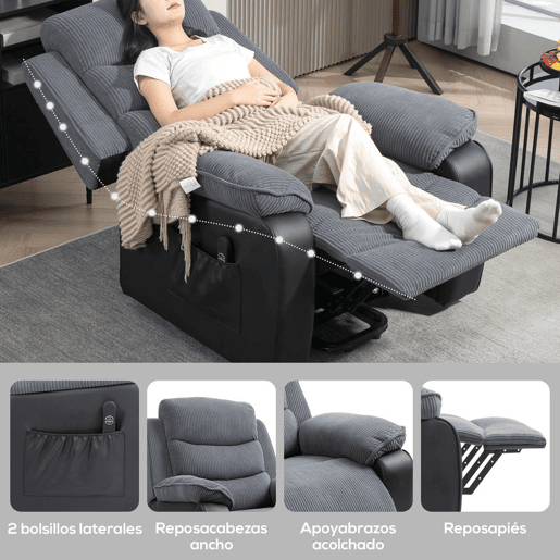 HOMCOM Cadeira Relax Reclinável Elétrica com Elevador, Porta USB, Assento Largo de 60 cm, Controlo Remoto, Apoio para os Pés, Estofada em Veludo e Couro, Bolsos Laterais, Cinzento Escuro