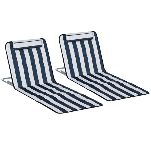 Outsunny Conjunto de 2 Esteiras de Praia Dobráveis, Esteiras com Encosto Reclinável em 5 Níveis, Apoio de Cabeça e Bolsa de Transporte, 134x48x33-43 cm, Riscas Brancas e Azuis