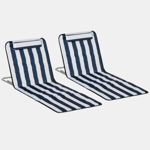 Outsunny Conjunto de 2 Esteiras de Praia Dobráveis, Esteiras com Encosto Reclinável em 5 Níveis, Apoio de Cabeça e Bolsa de Transporte, 134x48x33-43 cm, Riscas Brancas e Azuis