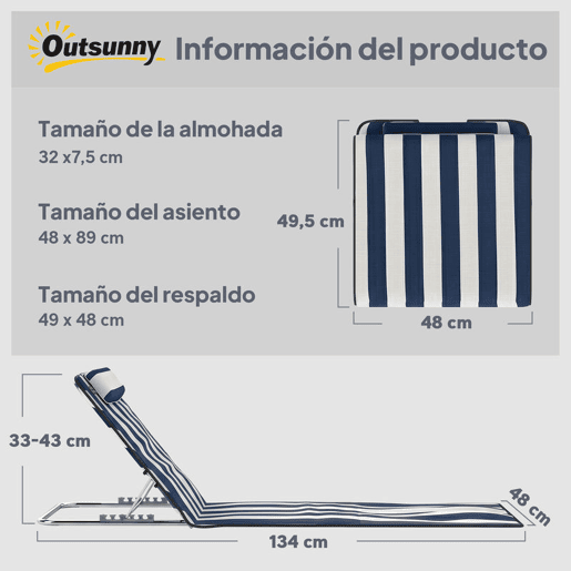 Outsunny Conjunto de 2 Esteiras de Praia Dobráveis, Esteiras com Encosto Reclinável em 5 Níveis, Apoio de Cabeça e Bolsa de Transporte, 134x48x33-43 cm, Riscas Brancas e Azuis