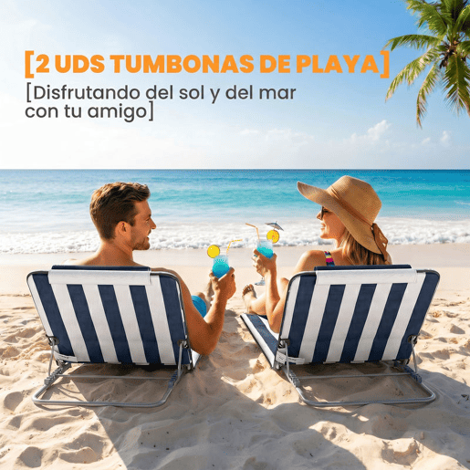Outsunny Conjunto de 2 Esteiras de Praia Dobráveis, Esteiras com Encosto Reclinável em 5 Níveis, Apoio de Cabeça e Bolsa de Transporte, 134x48x33-43 cm, Riscas Brancas e Azuis