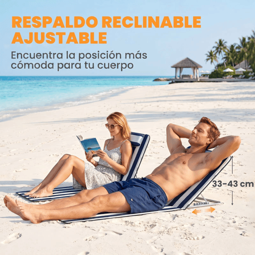 Outsunny Conjunto de 2 Esteiras de Praia Dobráveis, Esteiras com Encosto Reclinável em 5 Níveis, Apoio de Cabeça e Bolsa de Transporte, 134x48x33-43 cm, Riscas Brancas e Azuis