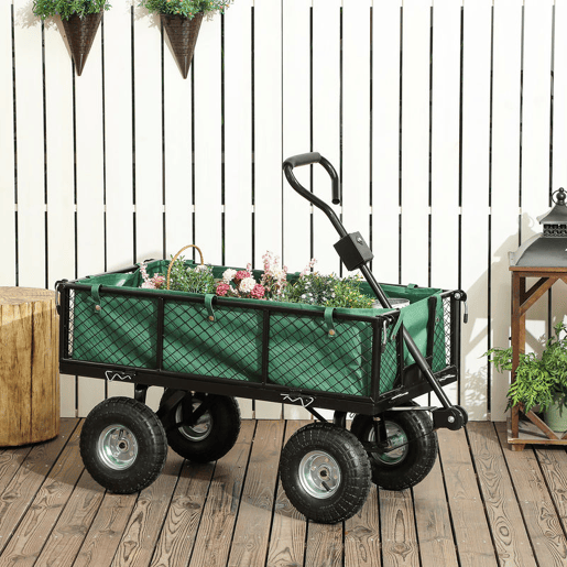 Outsunny Carro de Jardim com Rodas Grandes, Carga 300 kg, Carro de Mão com Alça Ajustável e Bolsa Impermeável Removível, Carrinho de Transporte Todo-Terreno, Compras, Camping, Verde