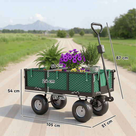 Outsunny Carro de Jardim com Rodas Grandes, Carga 300 kg, Carro de Mão com Alça Ajustável e Bolsa Impermeável Removível, Carrinho de Transporte Todo-Terreno, Compras, Camping, Verde