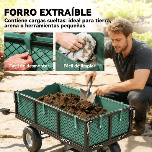 Outsunny Carro de Jardim com Rodas Grandes, Carga 300 kg, Carro de Mão com Alça Ajustável e Bolsa Impermeável Removível, Carrinho de Transporte Todo-Terreno, Compras, Camping, Verde