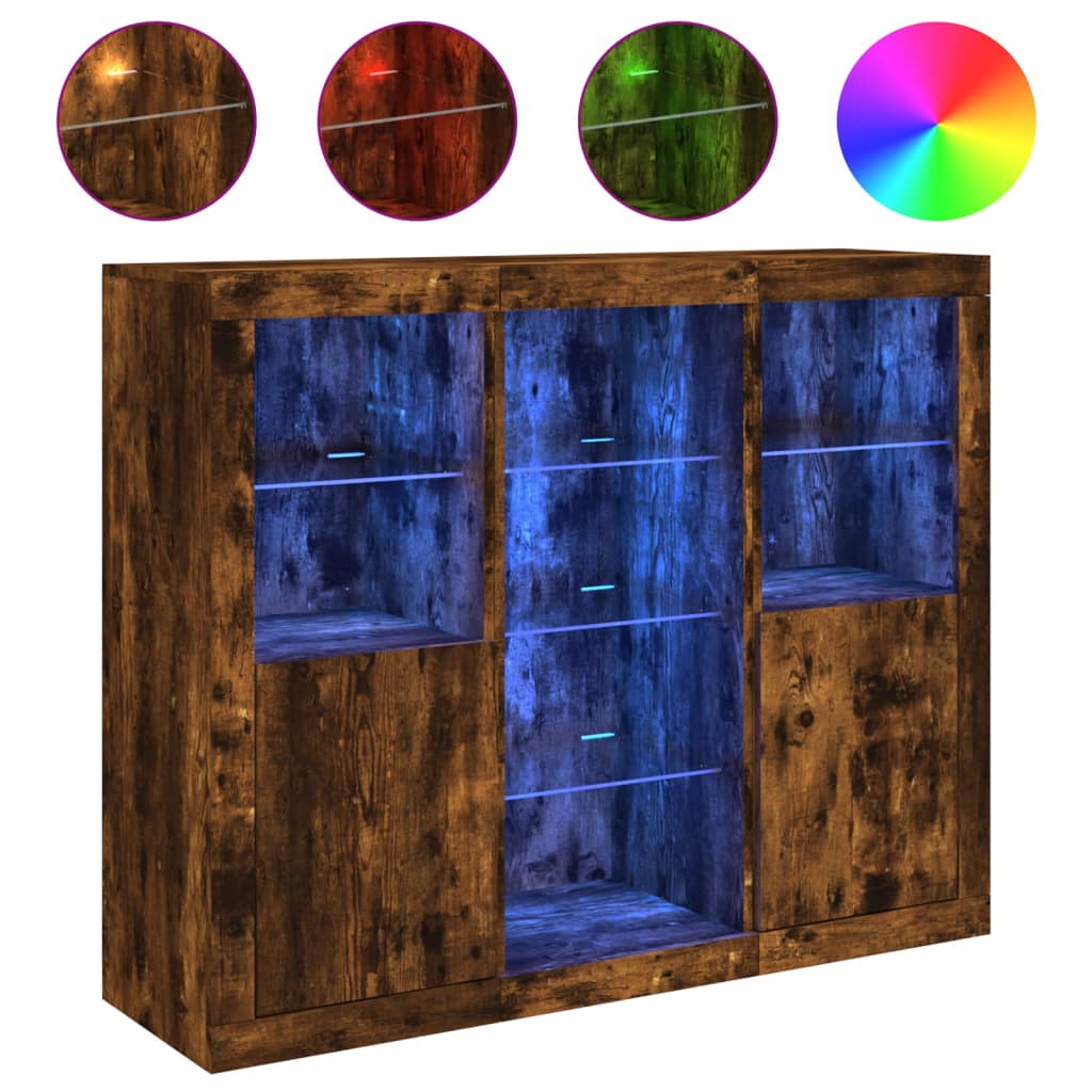 Aparador - mueble de almacenamiento con luz led 3 pzas madera de ingeniería roble ahumado es2106
