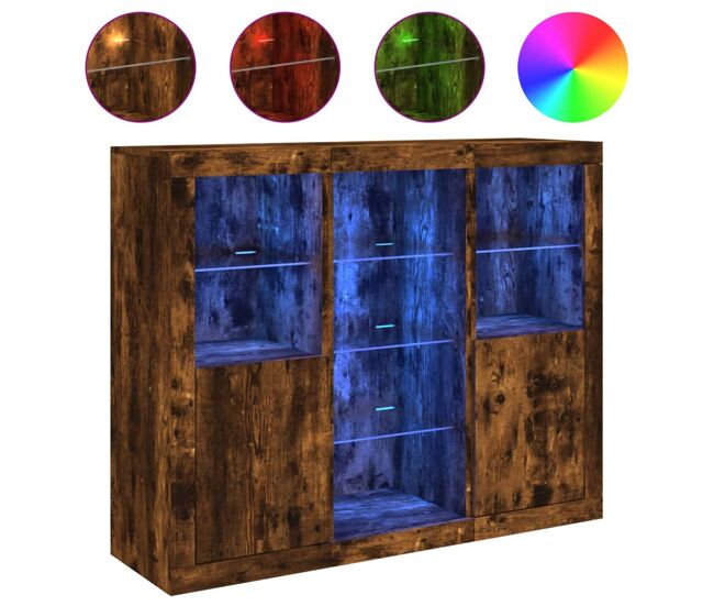 Aparador - mueble de almacenamiento con luz led 3 pzas madera de ingeniería roble ahumado es2106