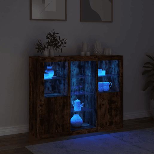 Aparadores - Bufetes - Móveis de apoio c LEDs 3 pcs derivados de madeira carvalho fumado pt2106