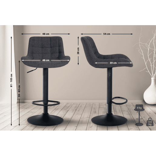 Conjunto de 2 banquetas de bar com estrutura de metal preto e assento de tecido preto com costura 10_0004447