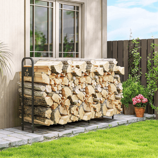 Outsunny Suporte Metálico para Lenha 199x30x121 cm Suporte para Lenha de Exterior com Estrutura de Aço Pés Extra e Design Recortado de Fogueira Capacidade de Carga 300 kg para Jardim Preto