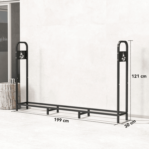Outsunny Suporte Metálico para Lenha 199x30x121 cm Suporte para Lenha de Exterior com Estrutura de Aço Pés Extra e Design Recortado de Fogueira Capacidade de Carga 300 kg para Jardim Preto
