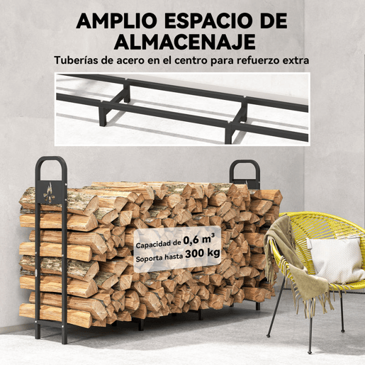 Outsunny Suporte Metálico para Lenha 199x30x121 cm Suporte para Lenha de Exterior com Estrutura de Aço Pés Extra e Design Recortado de Fogueira Capacidade de Carga 300 kg para Jardim Preto