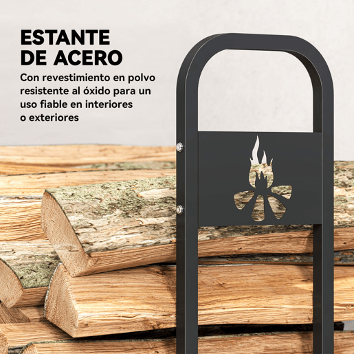 Outsunny Suporte Metálico para Lenha 199x30x121 cm Suporte para Lenha de Exterior com Estrutura de Aço Pés Extra e Design Recortado de Fogueira Capacidade de Carga 300 kg para Jardim Preto