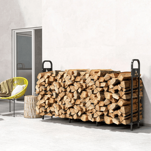 Outsunny Suporte Metálico para Lenha 199x30x121 cm Suporte para Lenha de Exterior com Estrutura de Aço Pés Extra e Design Recortado de Fogueira Capacidade de Carga 300 kg para Jardim Preto