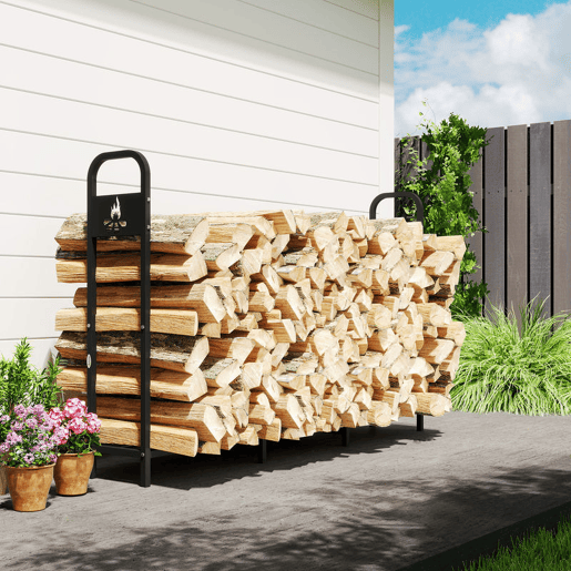 Outsunny Suporte Metálico para Lenha 199x30x121 cm Suporte para Lenha de Exterior com Estrutura de Aço Pés Extra e Design Recortado de Fogueira Capacidade de Carga 300 kg para Jardim Preto