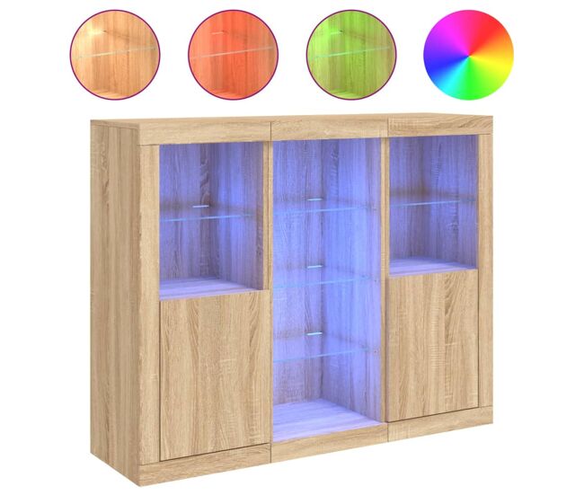 Aparador - mueble de almacenamiento con luz led 3 piezas madera de ingeniería roble sonoma es2091