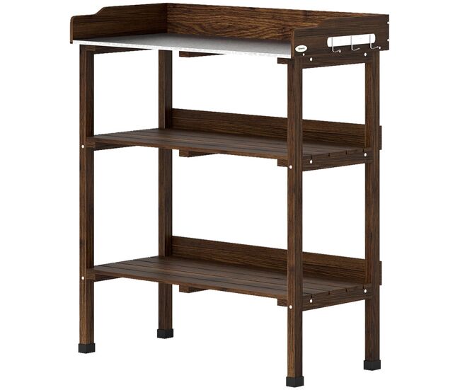 Outsunny mesa de plantación de madera de 3 niveles, mesa de jardinería con placa metálica, 2 estantes y ganchos, resistente a la intemperie, para jardín, terraza, balcón, 76x37x89 cm, carbonizado