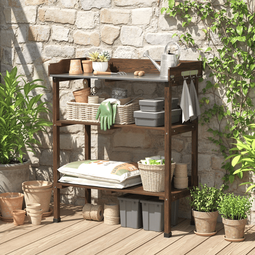 Outsunny Mesa de Plantação de Madeira de 3 Níveis Mesa de Jardinagem com Superfície Metálica 2 Prateleiras e Ganchos Resistente às Intempéries para Jardim Terraço Varanda, 76x37x89 cm Carbonizado