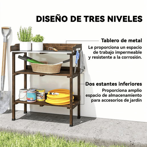 Outsunny Mesa de Plantação de Madeira de 3 Níveis Mesa de Jardinagem com Superfície Metálica 2 Prateleiras e Ganchos Resistente às Intempéries para Jardim Terraço Varanda, 76x37x89 cm Carbonizado