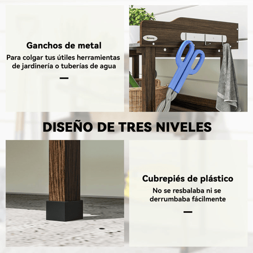 Outsunny Mesa de Plantação de Madeira de 3 Níveis Mesa de Jardinagem com Superfície Metálica 2 Prateleiras e Ganchos Resistente às Intempéries para Jardim Terraço Varanda, 76x37x89 cm Carbonizado