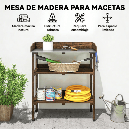 Outsunny Mesa de Plantação de Madeira de 3 Níveis Mesa de Jardinagem com Superfície Metálica 2 Prateleiras e Ganchos Resistente às Intempéries para Jardim Terraço Varanda, 76x37x89 cm Carbonizado