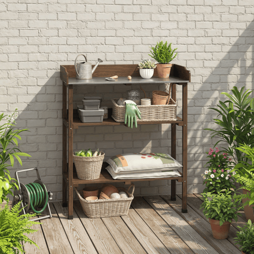 Outsunny Mesa de Plantação de Madeira de 3 Níveis Mesa de Jardinagem com Superfície Metálica 2 Prateleiras e Ganchos Resistente às Intempéries para Jardim Terraço Varanda, 76x37x89 cm Carbonizado