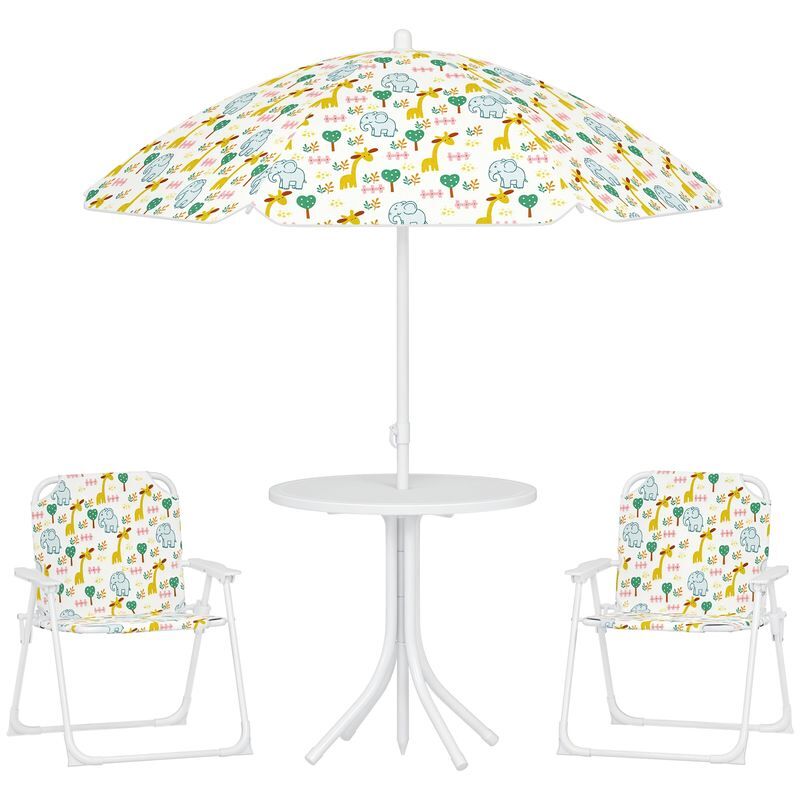 Aiyaplay conjunto de mesa y sillas infantil de jardín de 4 piezas, mesa infantil con sillas plegables, sombrilla ajustable, diseño de elefantes y jirafas, para patio, pícnic, blanco