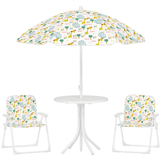 AIYAPLAY Conjunto Infantil de Mesa e Cadeiras de Jardim de 4 Peças Mesa Infantil com Cadeiras Dobráveis Chapéu de Sol Ajustável Design de Elefantes e Girafas Branco