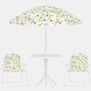 AIYAPLAY Conjunto Infantil de Mesa e Cadeiras de Jardim de 4 Peças Mesa Infantil com Cadeiras Dobráveis Chapéu de Sol Ajustável Design de Elefantes e Girafas Branco