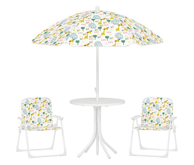 Aiyaplay conjunto de mesa y sillas infantil de jardín de 4 piezas, mesa infantil con sillas plegables, sombrilla ajustable, diseño de elefantes y jirafas, para patio, pícnic, blanco