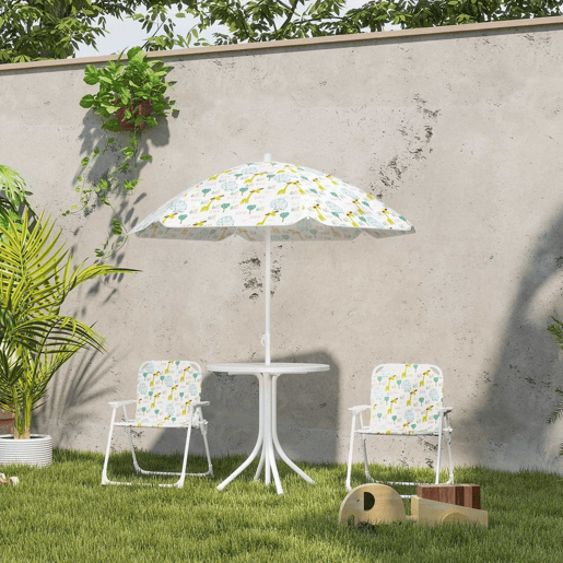 AIYAPLAY Conjunto Infantil de Mesa e Cadeiras de Jardim de 4 Peças Mesa Infantil com Cadeiras Dobráveis Chapéu de Sol Ajustável Design de Elefantes e Girafas Branco