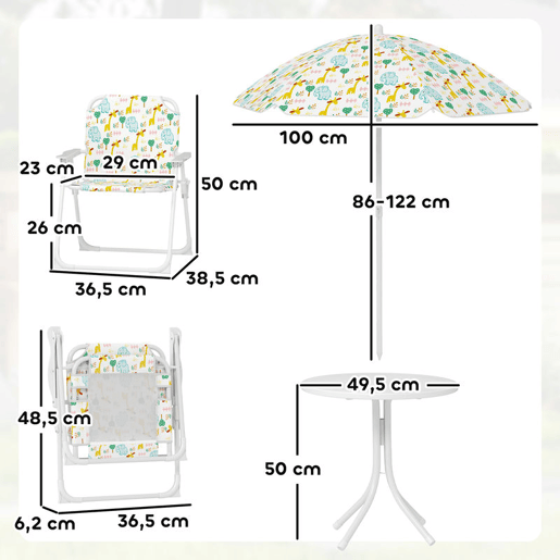 AIYAPLAY Conjunto Infantil de Mesa e Cadeiras de Jardim de 4 Peças Mesa Infantil com Cadeiras Dobráveis Chapéu de Sol Ajustável Design de Elefantes e Girafas Branco