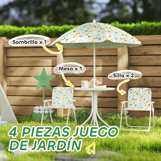 AIYAPLAY Conjunto Infantil de Mesa e Cadeiras de Jardim de 4 Peças Mesa Infantil com Cadeiras Dobráveis Chapéu de Sol Ajustável Design de Elefantes e Girafas Branco