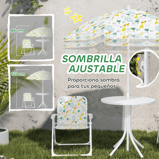 AIYAPLAY Conjunto Infantil de Mesa e Cadeiras de Jardim de 4 Peças Mesa Infantil com Cadeiras Dobráveis Chapéu de Sol Ajustável Design de Elefantes e Girafas Branco