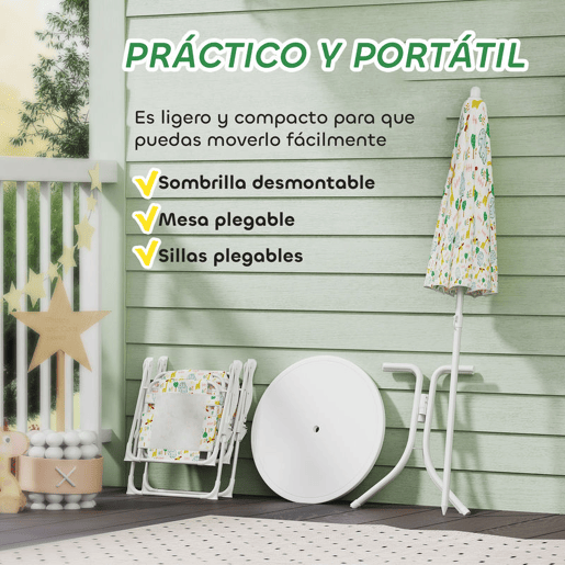 AIYAPLAY Conjunto Infantil de Mesa e Cadeiras de Jardim de 4 Peças Mesa Infantil com Cadeiras Dobráveis Chapéu de Sol Ajustável Design de Elefantes e Girafas Branco