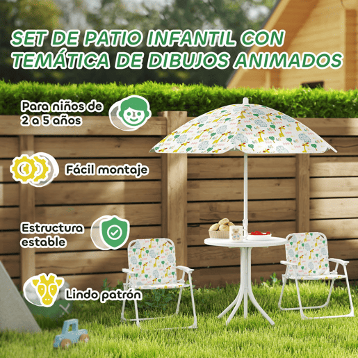 AIYAPLAY Conjunto Infantil de Mesa e Cadeiras de Jardim de 4 Peças Mesa Infantil com Cadeiras Dobráveis Chapéu de Sol Ajustável Design de Elefantes e Girafas Branco