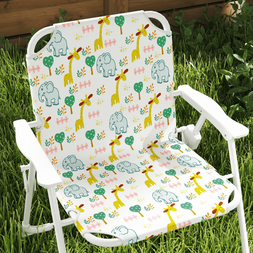 AIYAPLAY Conjunto Infantil de Mesa e Cadeiras de Jardim de 4 Peças Mesa Infantil com Cadeiras Dobráveis Chapéu de Sol Ajustável Design de Elefantes e Girafas Branco