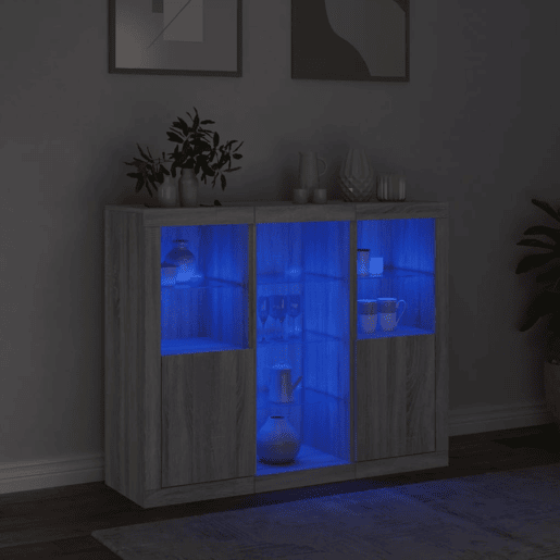 Aparadores - Bufetes - Móveis de apoio c LEDs 3 pcs derivados de madeira cinzento sonoma pt2101