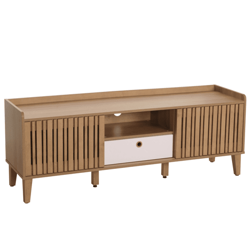 Móvel para TV com porta de correr 3 compartimentos de arrumação madeira de mangueira 56 x 150 x 40 cm gaveta branca 04_0007870