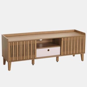 Móvel para TV com porta de correr 3 compartimentos de arrumação madeira de mangueira 56 x 150 x 40 cm gaveta branca 04_0007870