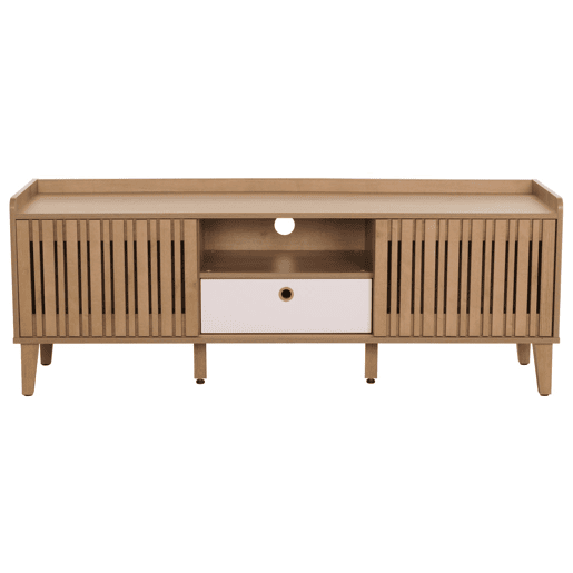 Móvel para TV com porta de correr 3 compartimentos de arrumação madeira de mangueira 56 x 150 x 40 cm gaveta branca 04_0007870