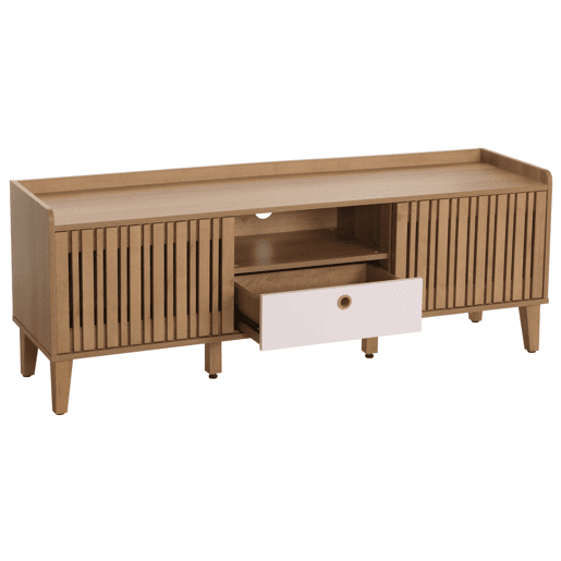 Móvel para TV com porta de correr 3 compartimentos de arrumação madeira de mangueira 56 x 150 x 40 cm gaveta branca 04_0007870