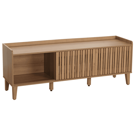 Móvel para TV com porta de correr 3 compartimentos de arrumação madeira de mangueira 56 x 150 x 40 cm gaveta branca 04_0007870