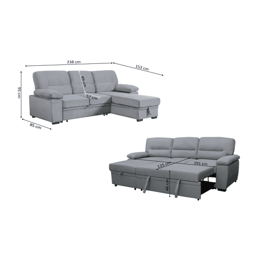 Sofá-Cama Chaise Longue Emma 238cm Preto em veludo
